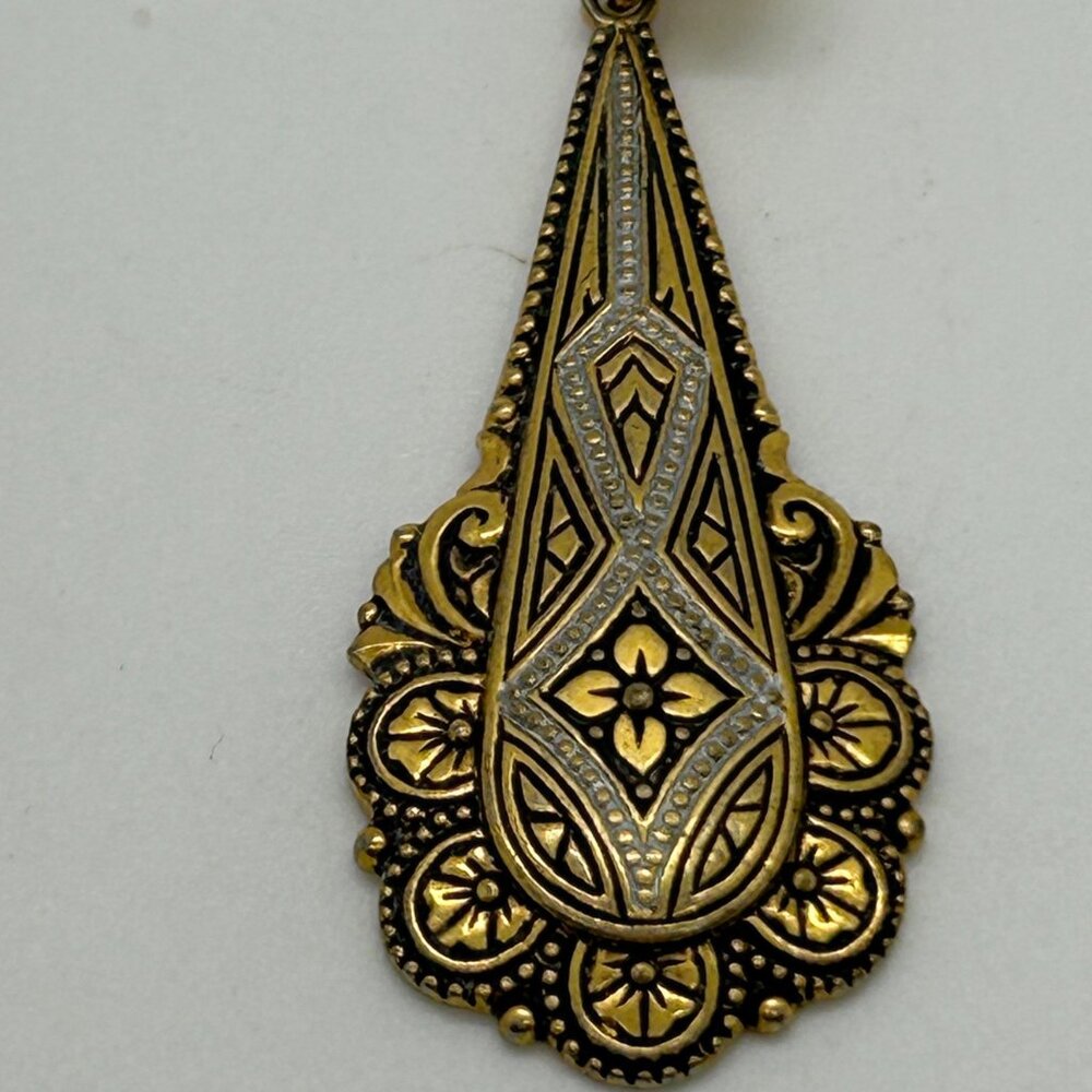 Vintage Damascene Teardrop Dangle Earrings Gold-Tone Silver-Tone Inlay Retro - Picture 7 of 8